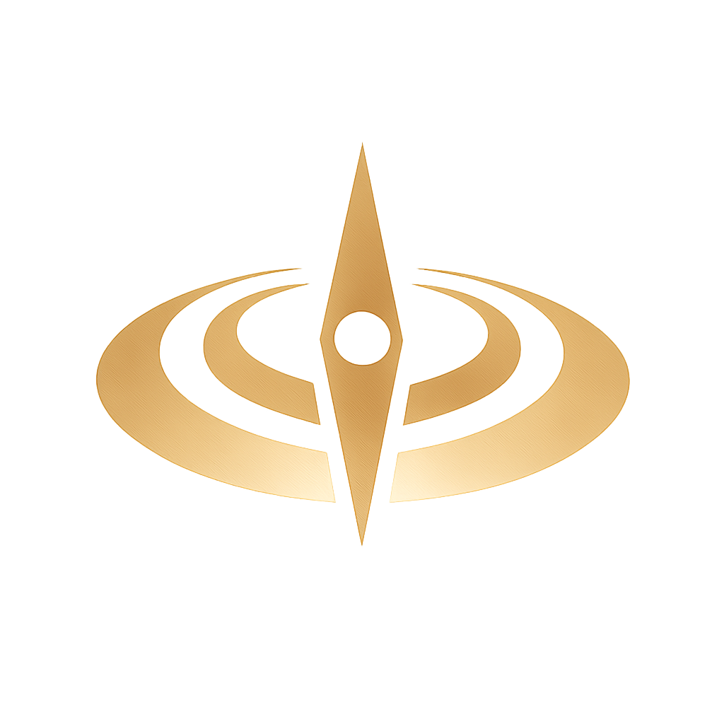 An orange and yellow emblem resembling a compass or directional symbol set against a soft gray background, conveying a sense of purpose and guidance.